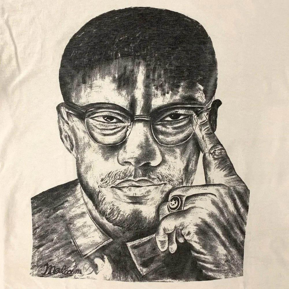 VTG 90s Malcolm X Big Face AOP Print Shirt Mens XL Hip Hop Black History Rap USA - Picture 1 of 13